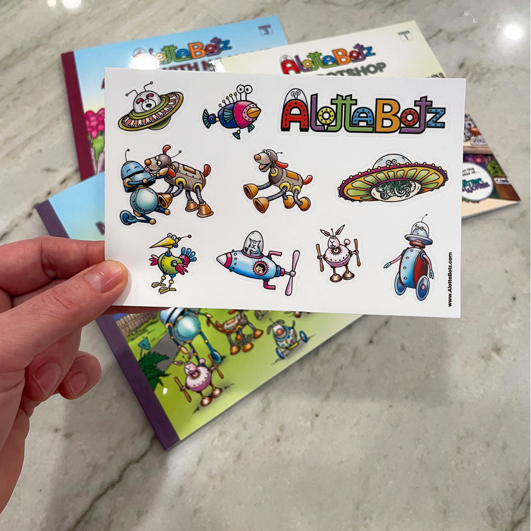 A sheet of colourful, water-resistant Alottabotz stickers. Great for laptops, water bottles, and more.