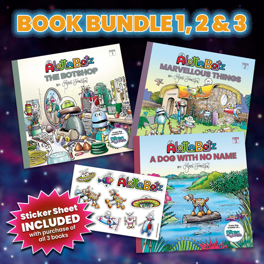 Alottabotz book bundle: get the first three of Lynn Johnston's Alottabotz children's books plus a sticker sheet.