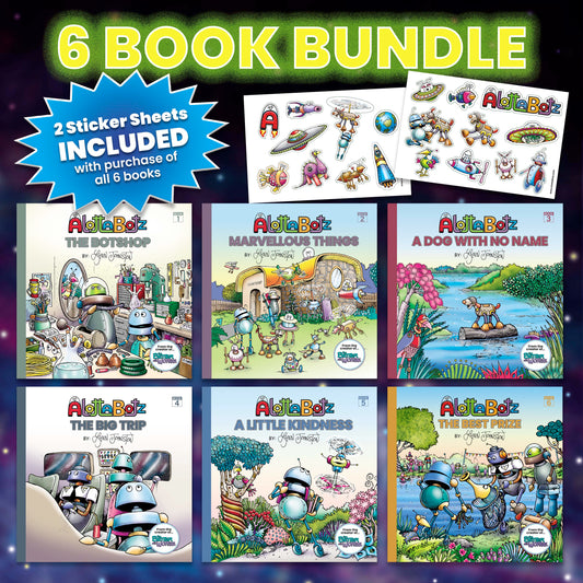 Alottabotz 6 book bundle: get all six of Lynn Johnston's Alottabotz Books plus two sticker sheets.